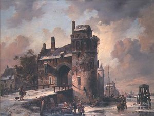 Figures on a frozen waterway