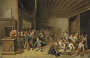 A Schoolroom Interior, with a Teacher at a Podium, and Pupils Merrymaking
