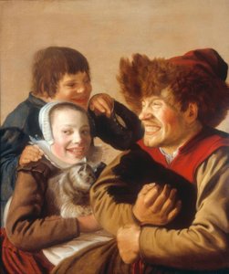 A Man Baring His Teeth with a Dog and a Girl with a Cat by Jan Miense Molenaer