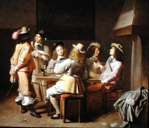 A Guardroom with Soldiers Playing Cards and Smoking at a Table by Jan Olis