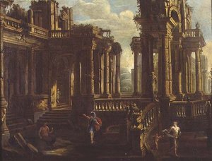 A capriccio of classical ruins with a warrior, a satyr and Cupid chasing a nymph by Jan Peeters