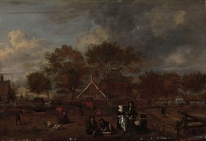 Farmstead with the Gentleman Farmer and his Wife and the Painter in the Foreground by Jan Pietersz Opperdoes