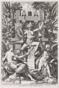 Bacchus Seated on a Barrel between Amor and Music by Jan Sadeler I, after Joos van Winghe