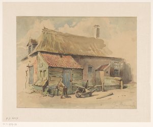 Peasant House with Wooden Extension, with a Wheelbarrow and a Grindstone in Front