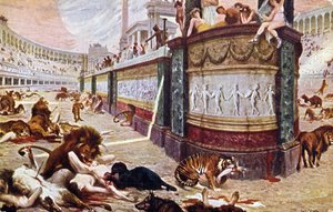 Postcard depicting the bloody games in the arena in Rome, illustration from 