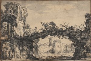 Landscape with Ruins (recto); Head of a Woman and Animals (verso)