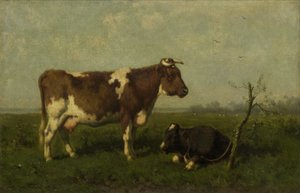 A Cow with her Calf in a Meadow by Johannes Martinus Vrolijk