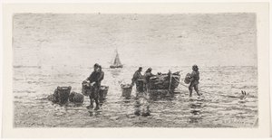 Fishermen Emptying a Sloop on the Beach by Johannes Martinus Vrolijk