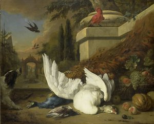 A Dog with a Dead Goose and Peacock (A Study of Game and Fruit)