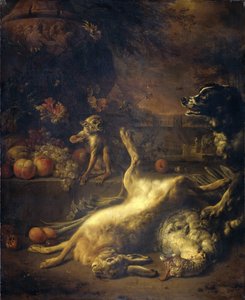 A Monkey and a Dog with Dead Game and Fruit by Jan Baptist Weenix