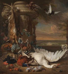 Hunting and Fruit Still Life next to a Garden Vase, with a Monkey, Dog and two Doves, in the distance Rijksdorp near Wassenaar, Seat of Jacob Emmery, Baron of Wassenaar by Jan Baptist Weenix