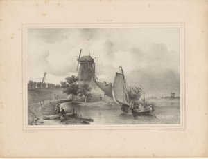 View of River with Sailboat and Mill