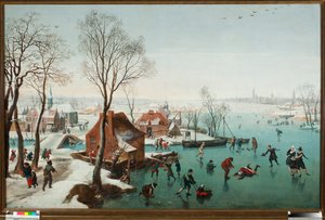 December, skaters on a lake