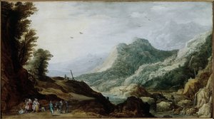 Mountain landscape with a peasant family on the roadside by Jan and Momper Joos de  Brueghel