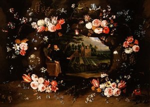 Garland of Flowers Encircling a Medallion Representing Nicolas de Man in Front of His Property at Antwerp, 1653