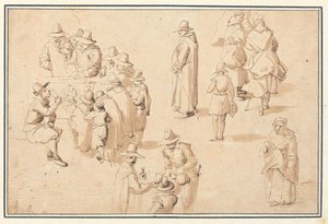 A Fountain at Spa with Studies of Elegant Figures Taking the Waters and of Two Monks and a Priest by Jan the Elder Brueghel