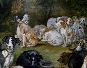 Dogs (detail) from Diana and Nymphs on point of leaving by Jan the Elder Brueghel