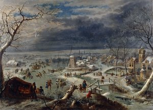 A Winter Landscape with Skaters on a Frozen Waterway by a Village, a Hunter in the Foreground, Antwerp Beyond by Jan the Elder Griffier