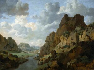 Rocky landscape with resting travelers by Jan van Aken