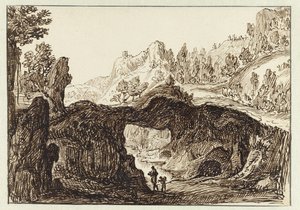 Rocky Mountain Landscape with Two Travelers in the Foreground by Jan van Almeloveen