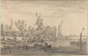Foreshore Scene with Windmill by Jan van Goyen
