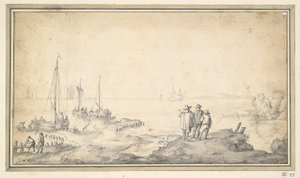 Three Figures on a Dune Overlooking Bay with Ships by Jan van Goyen