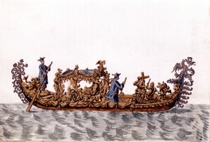 A royal gondola. Watercolour drawing and ink from the manuscript 