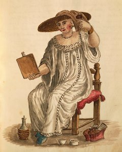 Lady putting on her make-up, from illustrated book of costumes