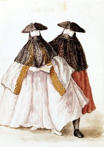 Masks of Carnival of Venice. Watercolour drawing and ink from the manuscript 