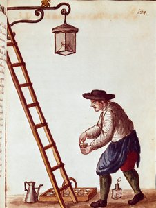 Small trade: lighting lamps. Watercolour drawing and ink from a manuscript by Jan van Grevenbroeck (1731-1807) by Jan van Grevenbroeck