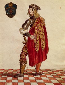 Suit of knight of Confraternity de la Calza (Stocking) in 1564, from illustrated book of costumes by Jan van Grevenbroeck