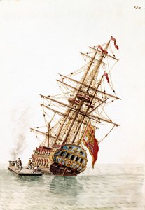 Venetian Ship Shot Down in the Hull to be Repaired. Watercolour Drawing and Ink from the Manuscript “Customs of the Venetians” by Jan van Grevenbroeck