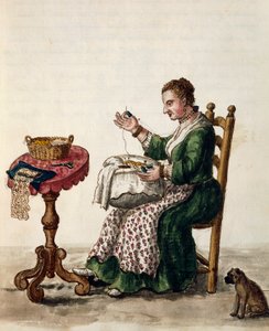 Woman making punto in aria needle lace, illustration from Illustrated book of Venetian costumes, Volume III