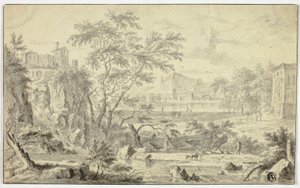 Italianate Landscape with Shepherd and Flock by Stream, Town in the Distance by Jan van Huysum
