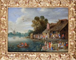 A River Landscape with Gentry at a Village Inn