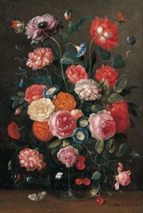 Roses, Carnations, Morning Glory, a Poppy and a Sprig of Cherries in a Glass Vase, a Wall Brown, an Orange Tip, a Red Admiral and a Magpie Butterfly on a Table by Jan van Kessel