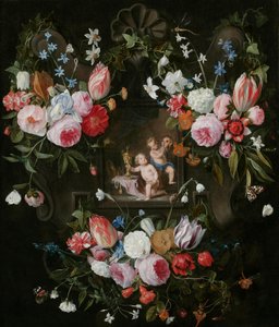 A Cartouche Still Life of Flowers Around an Allegorical Image of Putti with Costly Objects and a Mask, 1648
