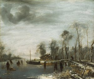 A Winter Landscape with Skaters and Colf Players on a frozen Waterway by Jan van de Capelle or Cappelle