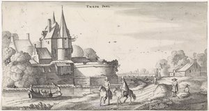 Figures at a Castle in a River Landscape (series title: Pleasant Landscapes and Delightful Views) by Jan van de Velde (II)