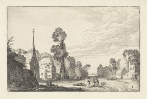 Figures and Cattle in a Village with a Church (series title: Landscapes, Amenissimae Aliquot Requculae) by Jan van de Velde (II)