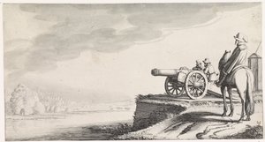 Rider and Two Soldiers by a Cannon on a Riverbank