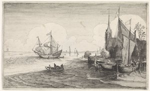 Ships off a coast near a church (Seascapes) by Jan van de Velde (II)