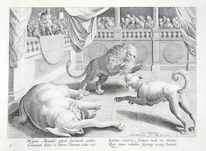 Alexander the Great puts on a spectacle, a lion, dog and elephant fight, illustration from 