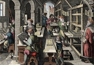 Printing office, c1600 - Holland. Engraving from 