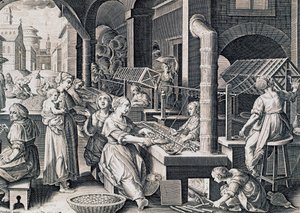 Vermis sericus, women spinning silk and heating silkworms on fire, engraving by Stradanus, Italy by Jan van der Straet