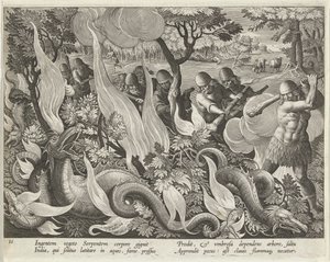 Catching Serpents in India Using Clubs and Torches to Light the Undergrowth, pub. 1640 (engraving) by Jan van der Straet