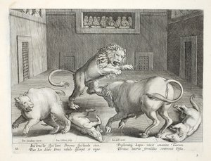 Noblemen watch combat of wild beasts in an indoor circus, illustration from 