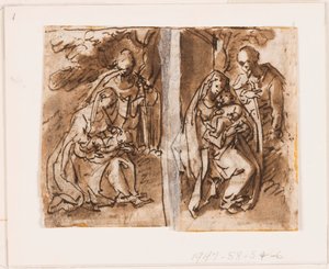 Half Page of a Sketchbook; Virgin and Child and a Third Figure by Jan van der Straet, called Stradanus