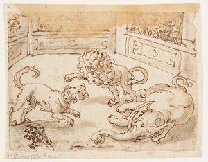 Alexander the Great watching a Fight between his Dog, and Elephant, and a Lion; inscription relating to Pliny the Elder
