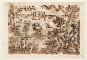 Recto: Hunting Ducks using Pumpkins in the West Indies; Verso, above: Crocodile Hunt in the Nile; Verso, below: Hunting Tigers using Traps and Mirrors by Jan van der Straet, called Stradanus
